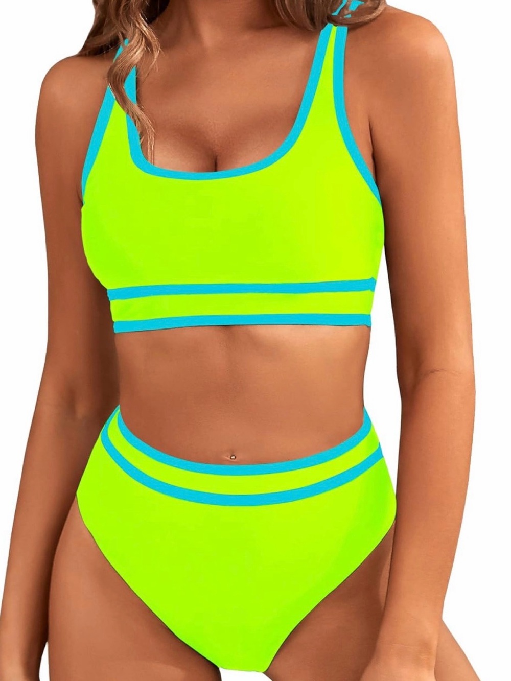 Blooming Jelly Women High Waisted Bikini Set Neon Yellow Blue Size S NWT